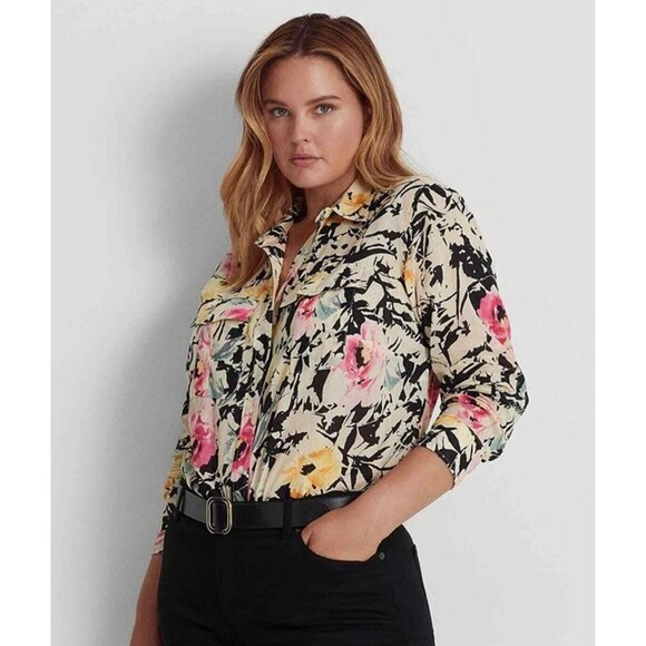 LAUREN RALPH LAUREN Floral Gauze Long Sleeve Button Up Shirt Size Medium NEW nwt - Picture 1 of 15